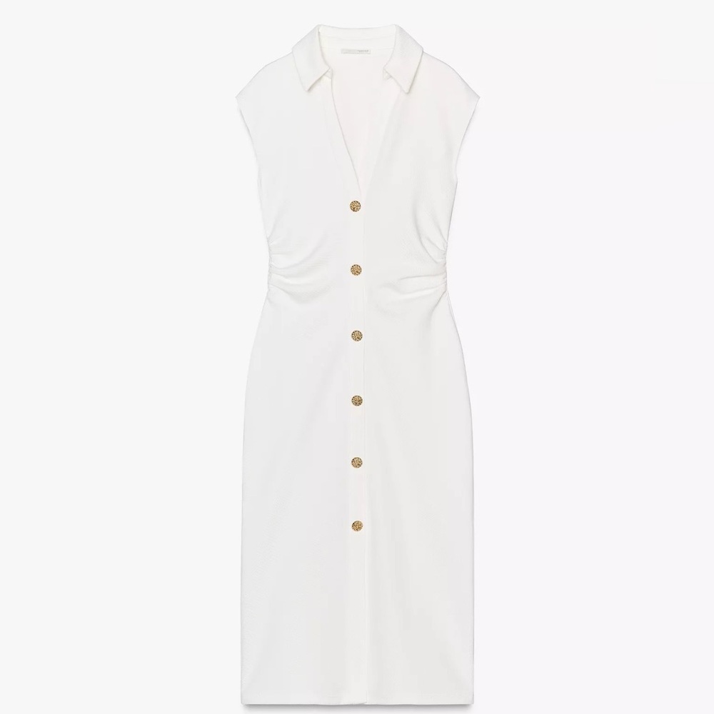 Zara Pique Midi Dress Oyster White Sleeveless & Gold Button Stretch V neck NWT S - Picture 8 of 14